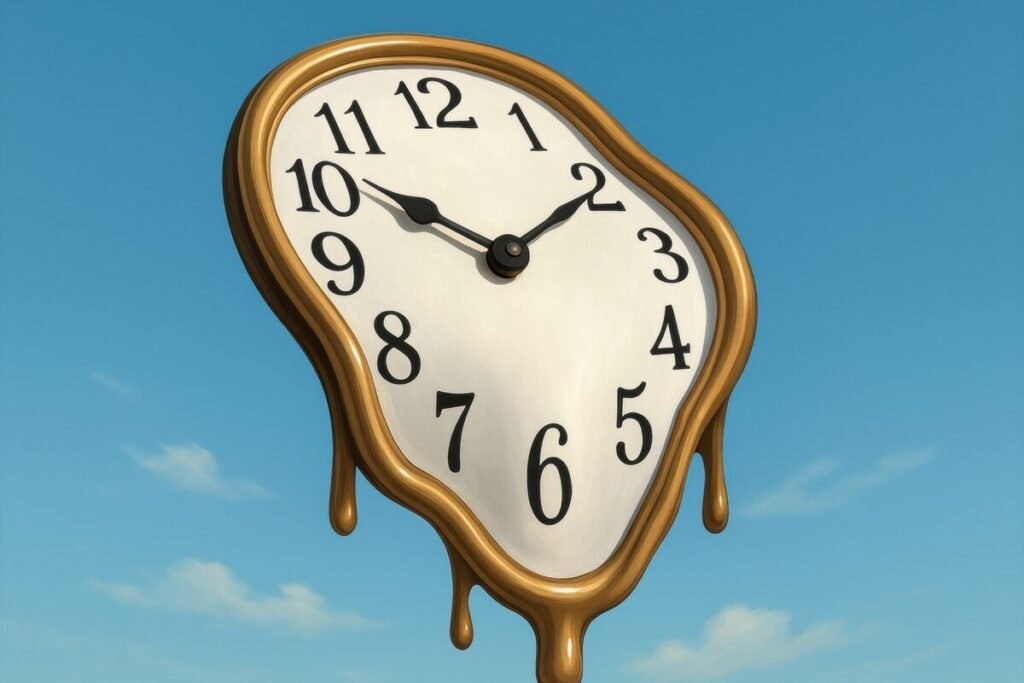 Surreal melting clock floating in blue sky
